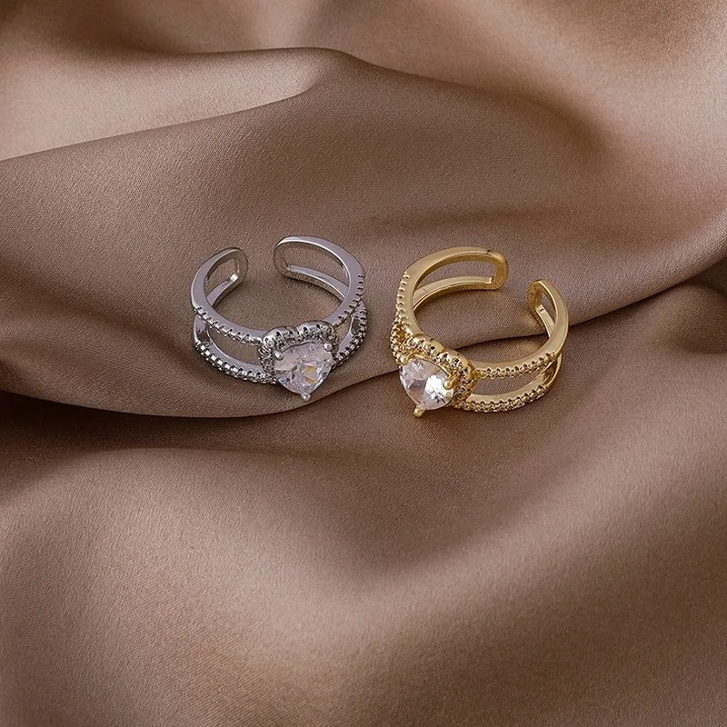 Származási Nyári Egyedi Design Bling Bling Kristály Szerelmes Szív Dupla Réteg Gyűrű a Nők számára Nyitott CZ Kő Állítható Gyűrű Ékszer Kép 1