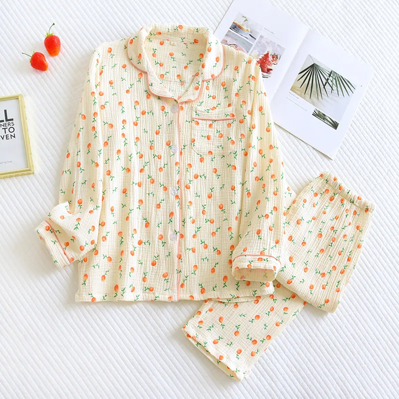 Új tavaszi nyári női pizsama, hosszú ujjú nadrág 100% pamut krepp aranyos kis narancssárga virágos kardigán home service set Kép 1
