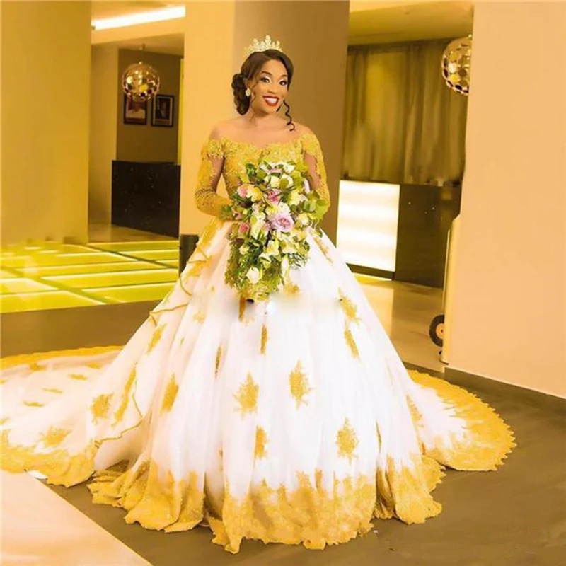 2020-Afrikai Plus Size Bíróság Vonat, Esküvői Ruha Le A Vállán Arany Appliqués Csipke Estélyi Ruha Hosszú Ujjú Esküvői Ruha Kép 1
