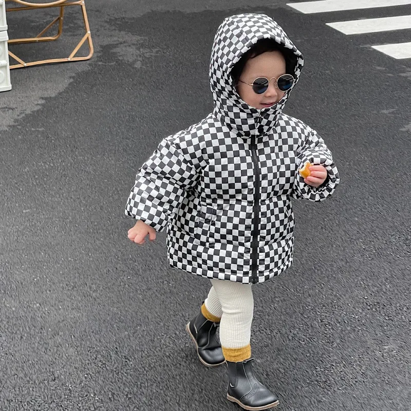 Divat-koreai Stílus Gyermek Kabát Kockás Design Kapucnis Sűrűsödik Meleg Kabát Téli Ruhát a Lányok, mind a Fiúk Kép 1