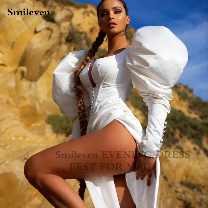 Smileven Fehér Redők Hableány Estélyi Ruha Puff Ujjú, Magas Oldalán Osztott Bál DressesFloor Hossza Dubai Party Ruhák Kép 1