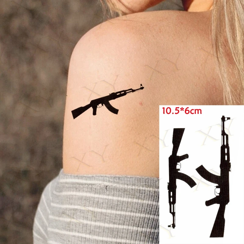 Vízálló Ideiglenes Tetoválás Matrica Fekete Régi Iskola géppuska AK47 Tatto Flash Tetoválás Hamis Tetoválás a Férfiak Nők Kép 1