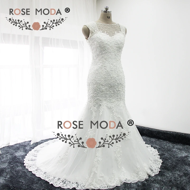 Rose Moda Luxus Csipke Sellő Esküvői Ruha Gyöngy Illúzió Vissza, Hogy az Egyéni Kép 1