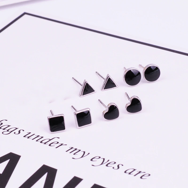 OTOKY koreai Zománc Geometrikus Fülbevaló Nők, Lányok, Gyönyörű Fekete Cirkon Mini 925 Ezüst Tű Fülbevaló, Piercing Ékszer Kép 1
