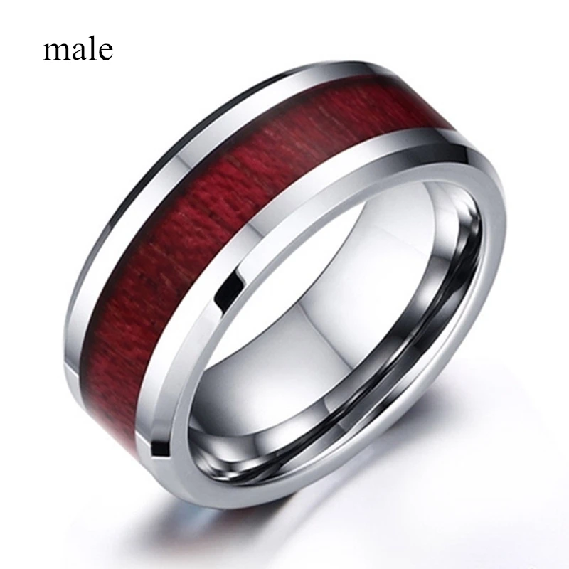 Divat Pár Gyűrűk Nők Szíve Fehér Piros Kristály CZ Gyűrű Szett, Vörös Fa Betét nemesacél Férfi Gyűrű jegygyűrű Ékszer Kép 1