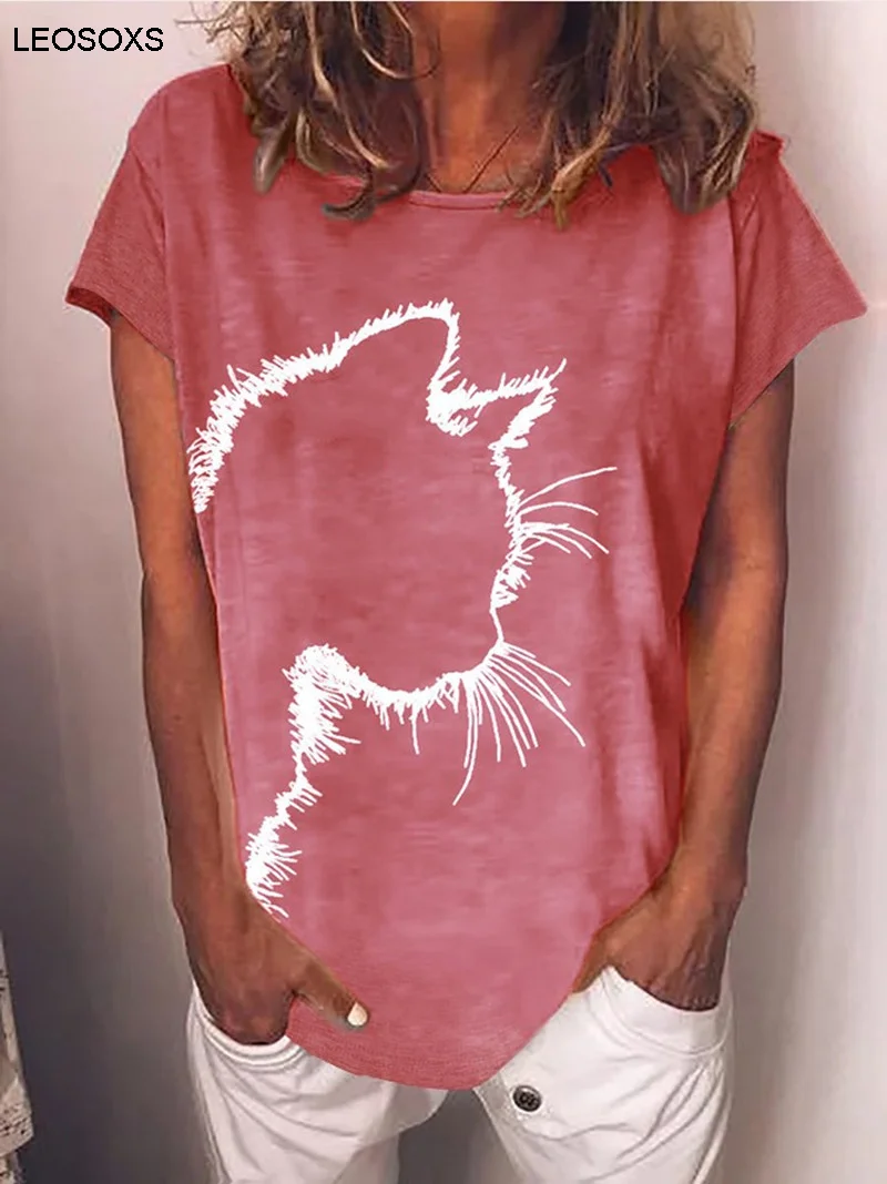 Női Nyári 2021 T-Shirt Harajuku Macska Fejét a Nyomtatás Alkalmi Laza Kerek Nyakú, Rövid Ujjú Összes mérkőzés Póló Kép 1