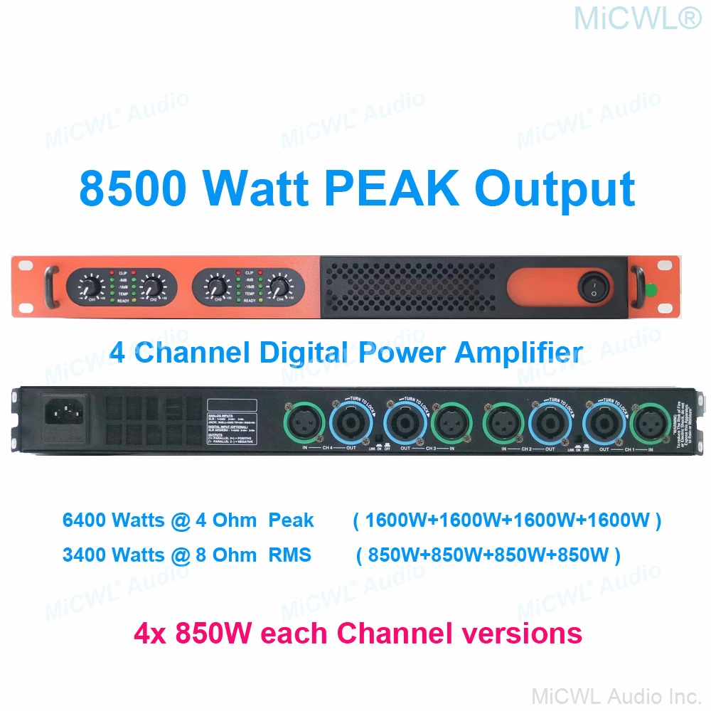 MiCWL 6400W Digitális Erősítő 4 Csatornás 5200 W 2 hálózati Változatok Hangszóró PreAMPs AMP Kék Narancs Kép 1