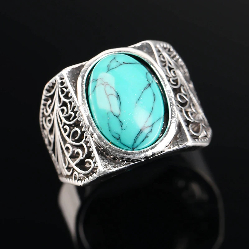 Régi Ezüst Színű Ovális Turquoises Gyűrű Antik Hallow ki Hullám Gyűrűk Nők Gótikus Partira Évforduló Retro Ékszer Ajándék Kép 1