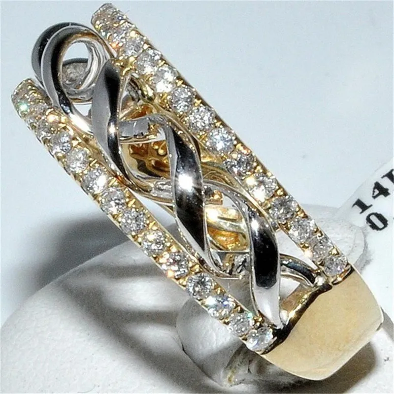 FFLACEL Üreges kétszínű Színű Gyűrű Hullám Köbméter Cirkon Gyűrű Női Divat Népszerű Strasszos jegygyűrűt a Nők Kép 1