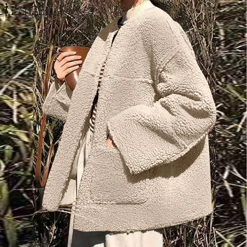 Téli Laza Outwear Kabát Női Alkalmi Szilárd Hosszú Ujjú Kabátot ZANZEA Vintage Zip Puha Plüss Kabát Őszi Túlméretezett Ruhájának Kép 1