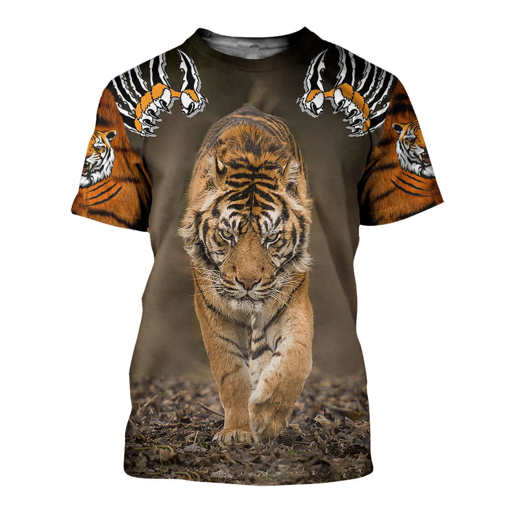 Szabadidő 3D tigris mintás póló/ing, alkalmi O-nyakú férfi rövid ujjú divatos nyári póló dzseki méret Kép 1