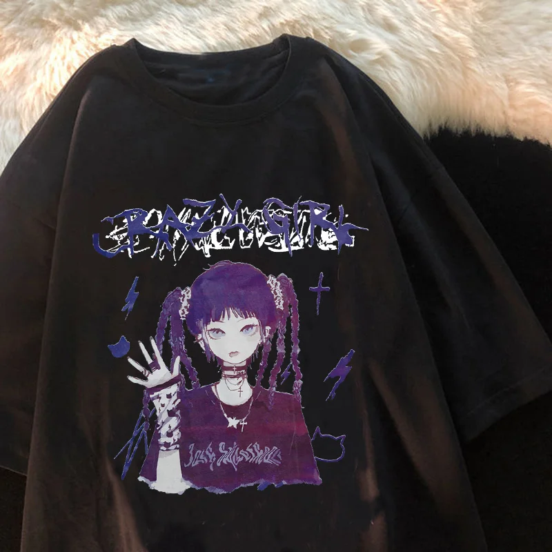 Gót Anime Tshirt Tee Esztétikai Női póló Punk Grunge Streetwear Hölgyek Gótikus Felső Manga Póló Harajuku Ruhát Y2k Női Kép 1