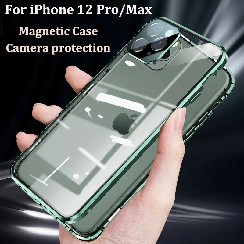 360 Teljes Kétoldalas Üveg Mágneses Fém Telefon tok iPhone 13 12 11 Pro Max 13 12 Mini Kamera lencsevédő Mágnes Borító Kép 1