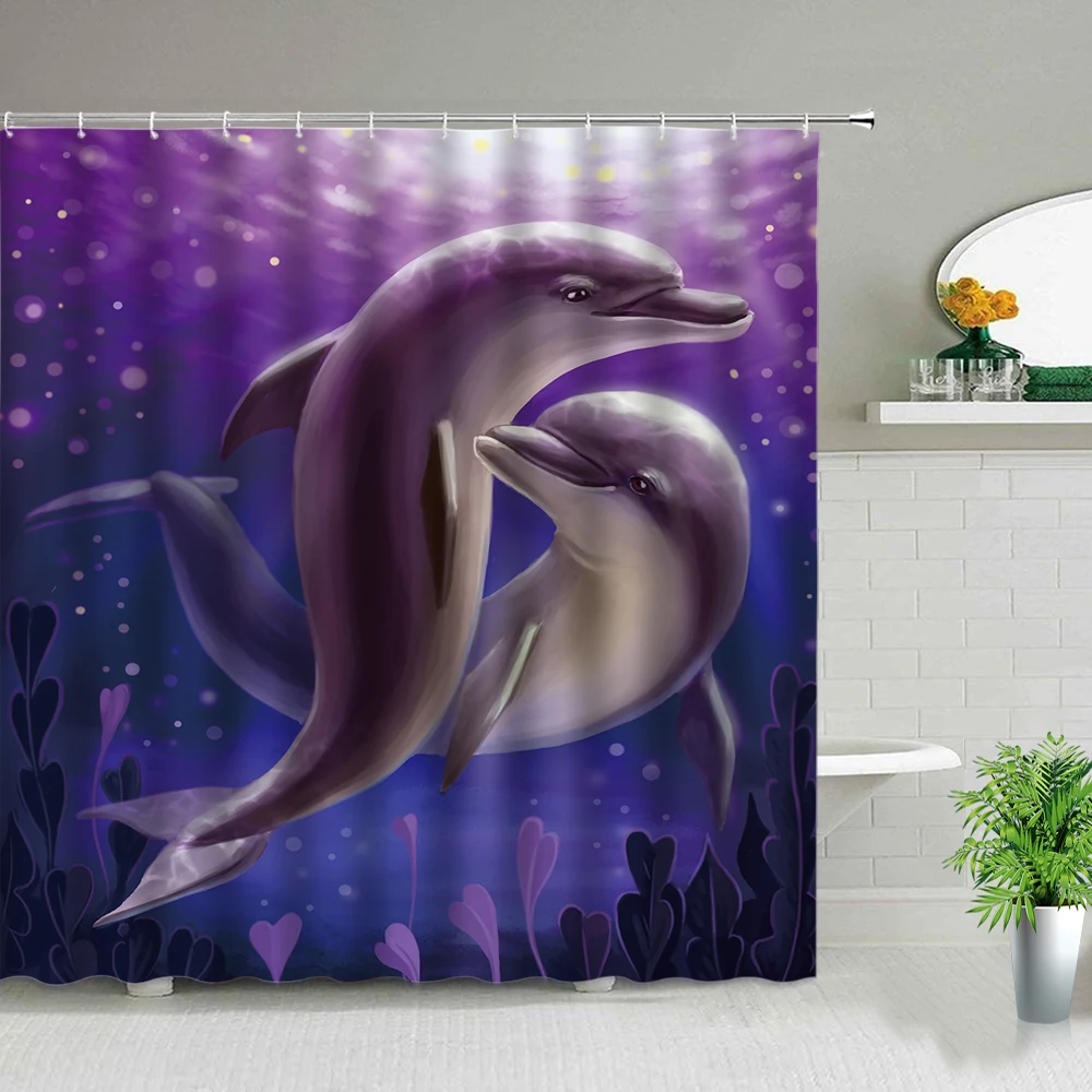 Romantikus Pár Delfin Zuhanyzó Függöny, Cuki Óceán Állat Trópusi Hal Gyerekek Fürdőszoba Decor Vízálló ruha Függöny Szett Kép 1