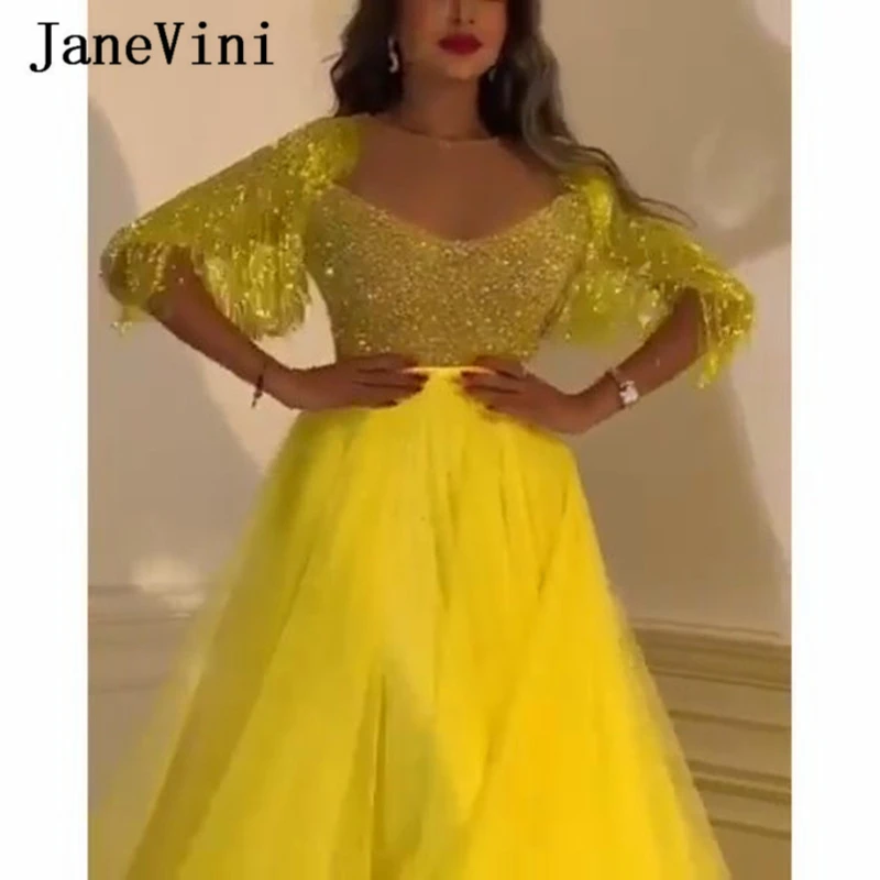 JaneVini 2020 Luxus Gyöngyfűzés Tassel Dubai Sárga Hosszú Prom Ruha Egy Sort A Fél Ujja Csillogó Flitterekkel Tulle Gála Ruha A Plus Size Kép 1