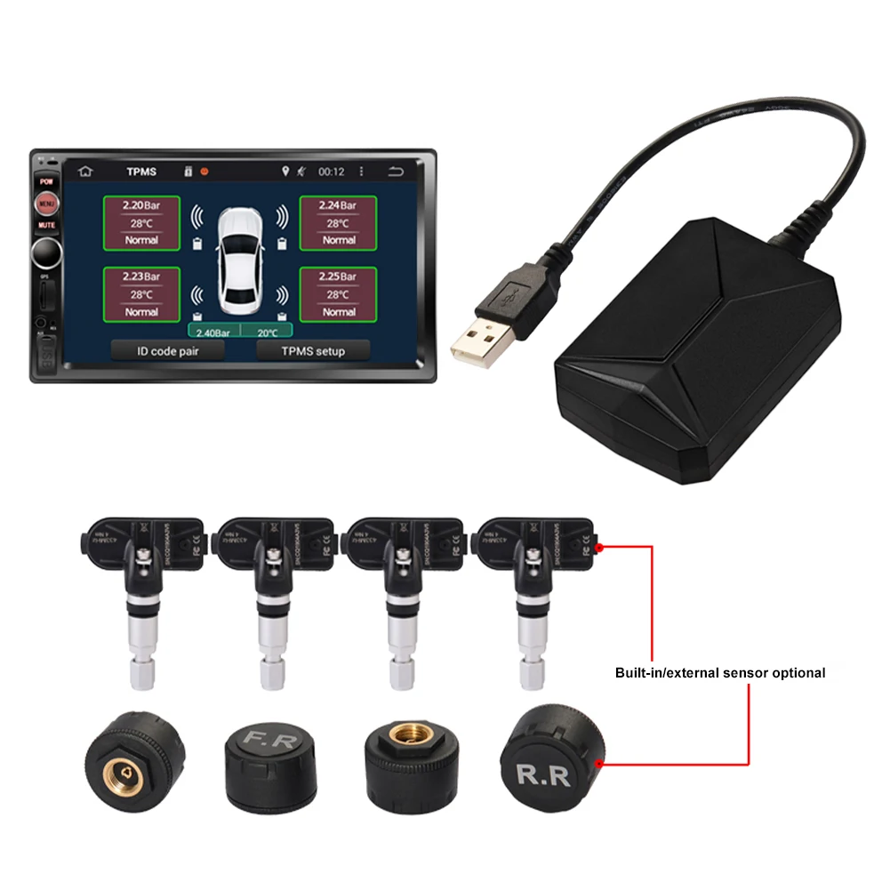Keréknyomás Ellenőrző Rendszer USB TPMS Gumiabroncs Nyomás Temperatue Monitor Külső/Belső Érzékelők Android Autó Hifi Kép 1