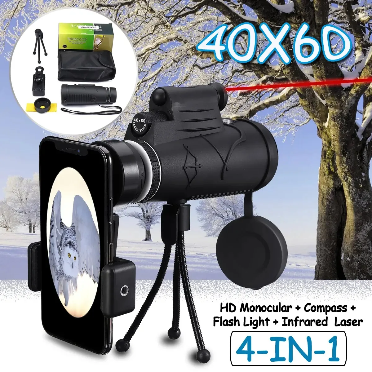MLS-L1 40x60 Monokuláris HD Optikai BAK4 Alacsony éjjellátó Led Lézer Lámpa Teleszkóp állvánnyal Telefon Jogosultja Kép 1
