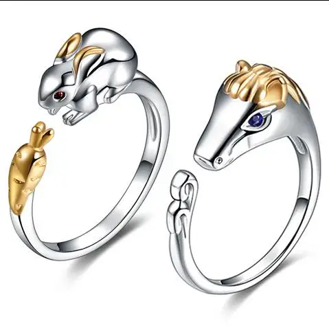 925 Sterling Ezüst Zodiákus női gyűrű nyitott gyűrű Horn marha nyúl, kígyó, ló, majom, disznó>jewerly ingyenes szállítás Kép 1