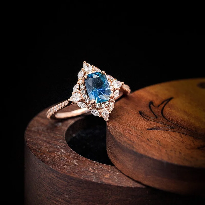 Gyönyörű kék drágakő, gyémánt, születésnapi évforduló ajándék Női Gyűrű Kép 1