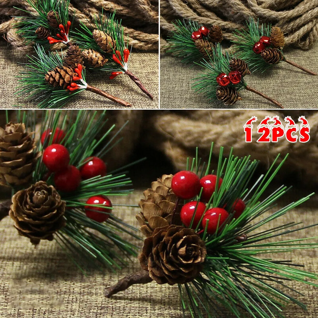 12 Mesterséges Virág Karácsony Zöld, Piros Bogyó Fenyőtoboz Holly Gyülekezeti Otthon Szimuláció A Mini Karácsonyfa Lóg Kép 1