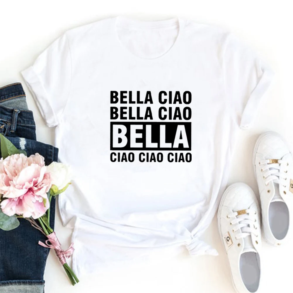 Bella Ciao, Vicces Póló Női Rövid Ujjú Pamut Tshirts Nők O-nyak, Laza Póló Femme Fekete-Fehér Camisetas Mujer Felső Kép 1