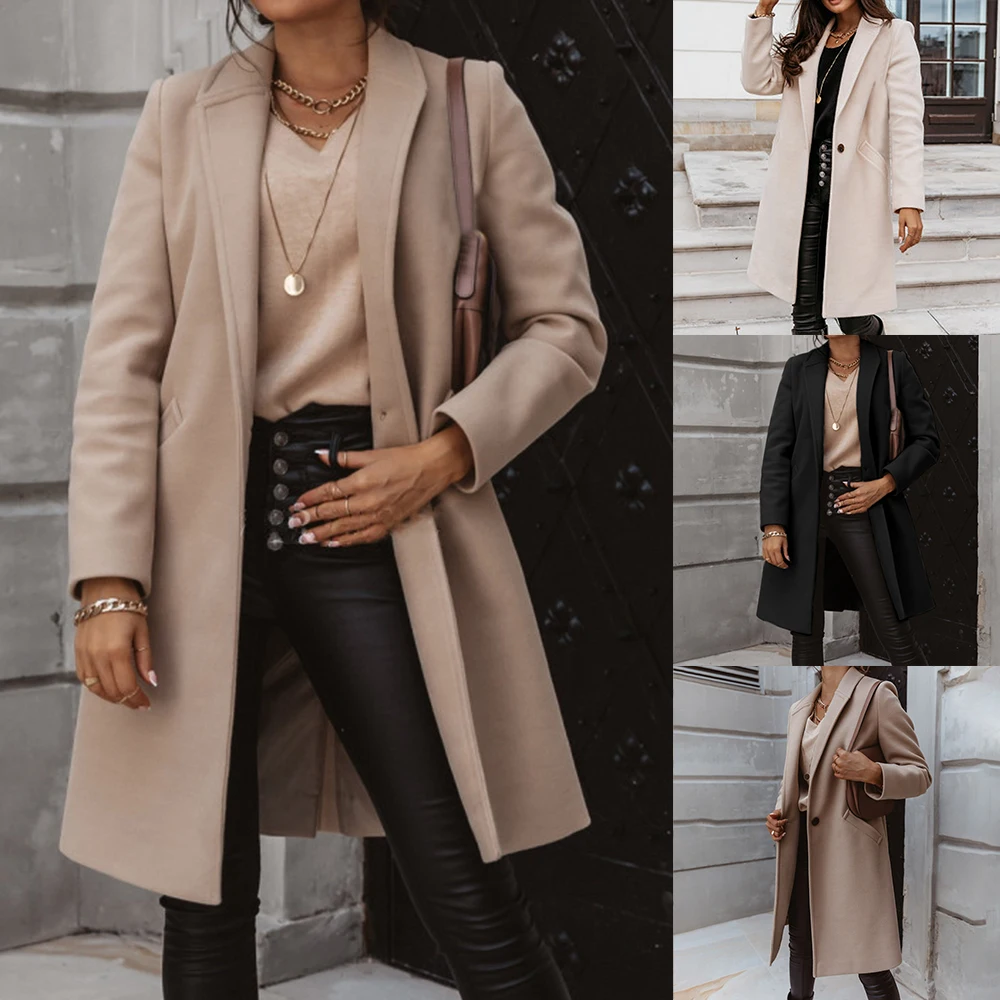 Téli Női Elegáns Gyapjú Keverék Kabát Divat Kapcsolja le a Gallér, Hosszú Kabátok Vintage egysoros Gyapjú Felöltő Outwear Kép 1