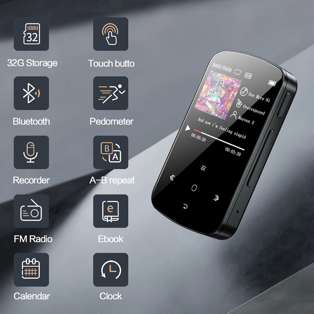 BENJI Klip Mp3 Lejátszó, Bluetooth 32GB Veszteségmentes Hang zenelejátszó FM-Rádió,Magnó,Videó,E-Book,Lépésszámláló A Futó Kép 1