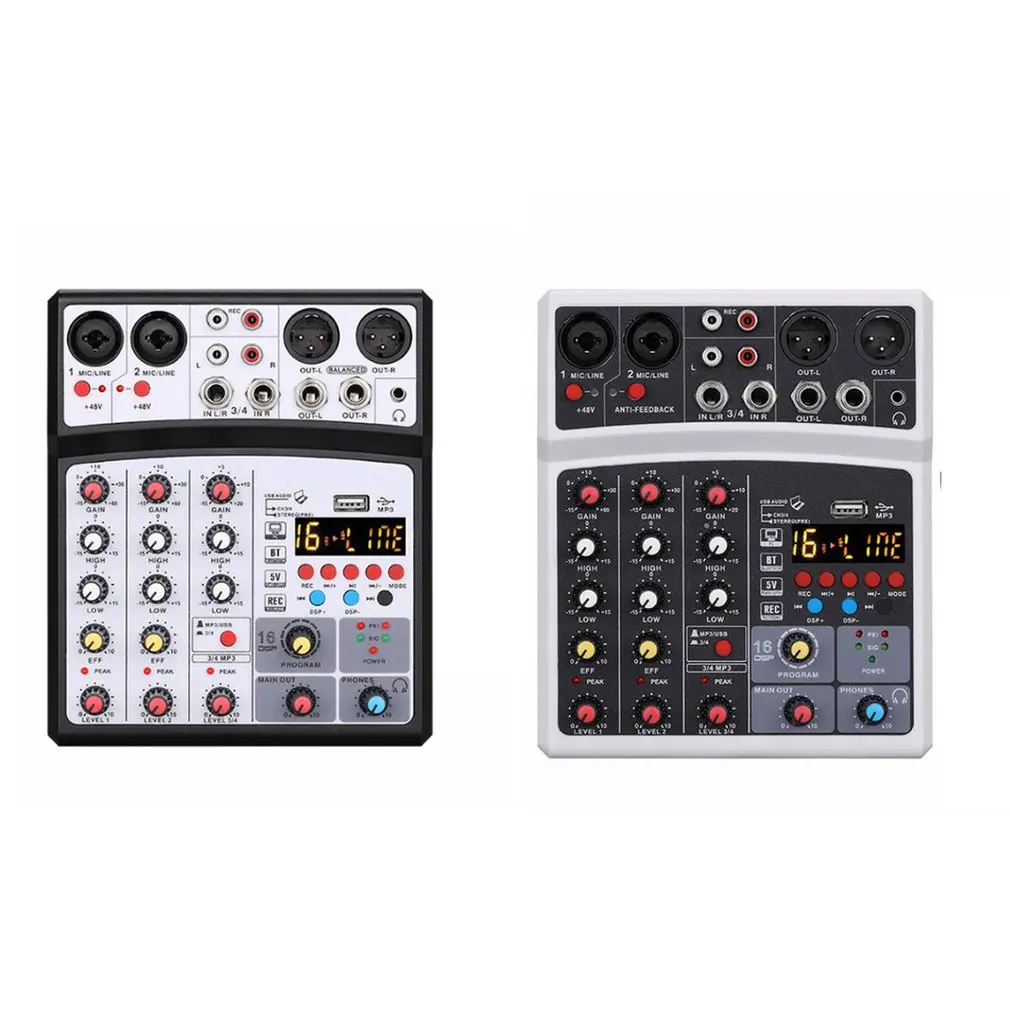 Protable Mini Mixer Audio DJ Konzol 4-csatornás Hanggal Kártya, USB, 48V fantomtáp PC Felvétel Énekel Adás Fél Kép 1