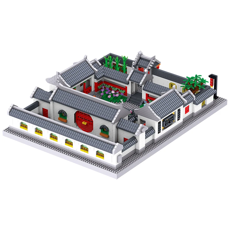 MOC Ősi Kínai Klasszikus Ház Építészeti Udvari Lakások, Fa, Virág, 3D Modell, Mini Gyémánt Blokk Tégla Épület Játékok Kép 1