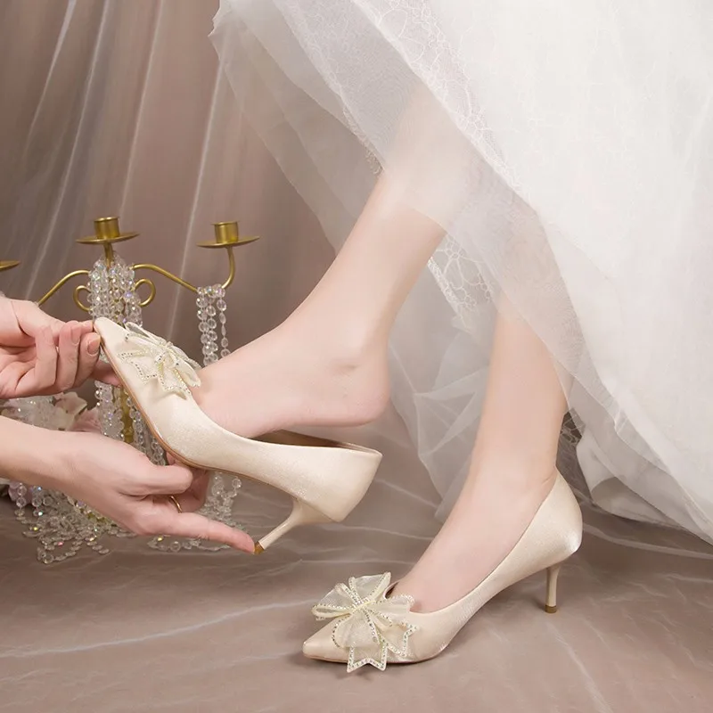 HKXN Női 6cm Magas Sarkú cipő Divat Esküvői Bankett Ruha Női Magas Sarkú Íj Csomót, Menyasszony, Koszorúslány Cipők 2021 Sztriptíz táncos Tűsarok Kép 1