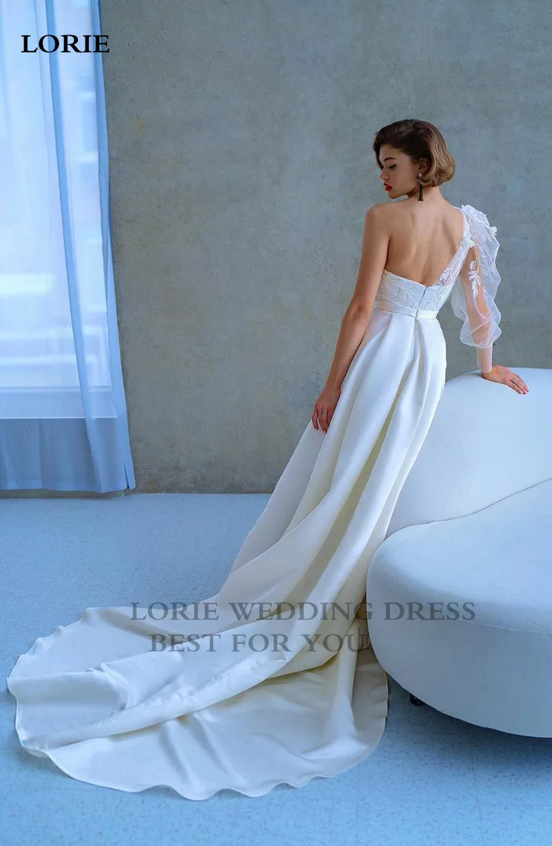 LORIE Legújabb Hercegnő Esküvői Ruhák Egy Váll 3D Appliqued Csipke Bohém Menyasszonyi Ruhák Oldalán Osztott Szatén Esküvői Party Ruha Kép 2