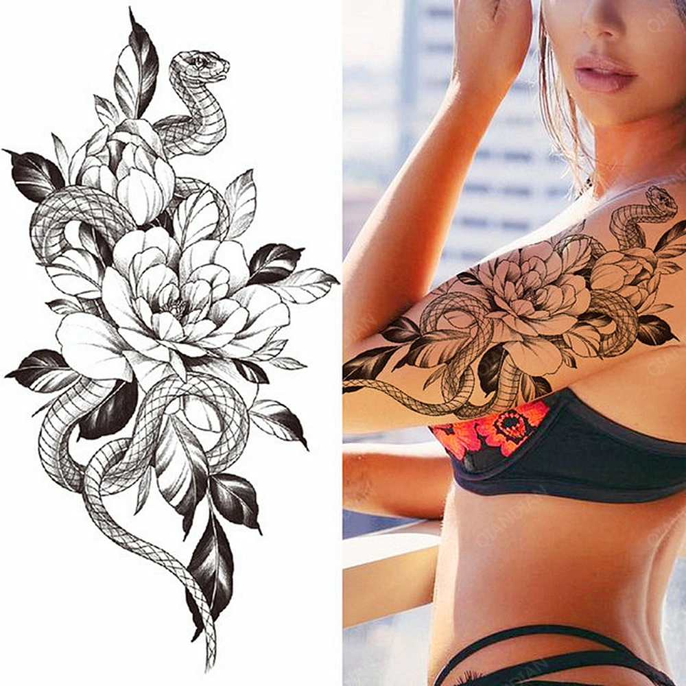 A Nők Ideiglenes Tetoválás Szexi Virág Kígyó Rose Koponya Madár Szépség Fél Karját Body Art Henna Vízálló Hamis Tetoválás Matricák Kép 2