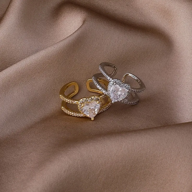 Származási Nyári Egyedi Design Bling Bling Kristály Szerelmes Szív Dupla Réteg Gyűrű a Nők számára Nyitott CZ Kő Állítható Gyűrű Ékszer Kép 2