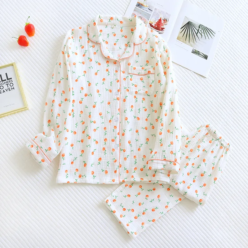 Új tavaszi nyári női pizsama, hosszú ujjú nadrág 100% pamut krepp aranyos kis narancssárga virágos kardigán home service set Kép 2