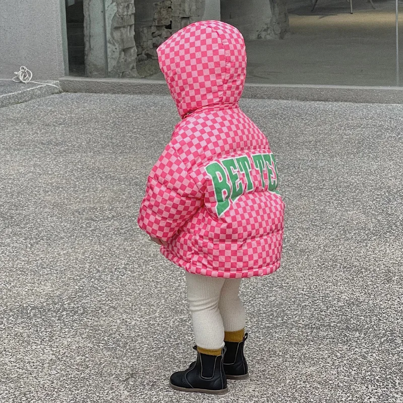 Divat-koreai Stílus Gyermek Kabát Kockás Design Kapucnis Sűrűsödik Meleg Kabát Téli Ruhát a Lányok, mind a Fiúk Kép 2