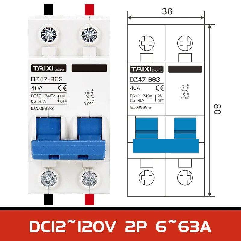 DC MCB 24V 48V 96V DZ47 megszakító dc 125A 63A 32A DZ47-63 hálózati kapcsoló védő akkumulátor autó generátor, Kép 2