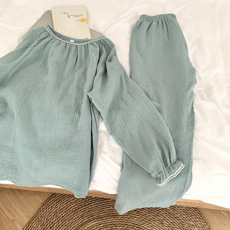 a nők homewear 2 darabos készlet pizsama krepp, 100% pamut kényelmes, puha hálóruházat, hosszú ujjú pulóver nadrág haza ruhát L507 Kép 2