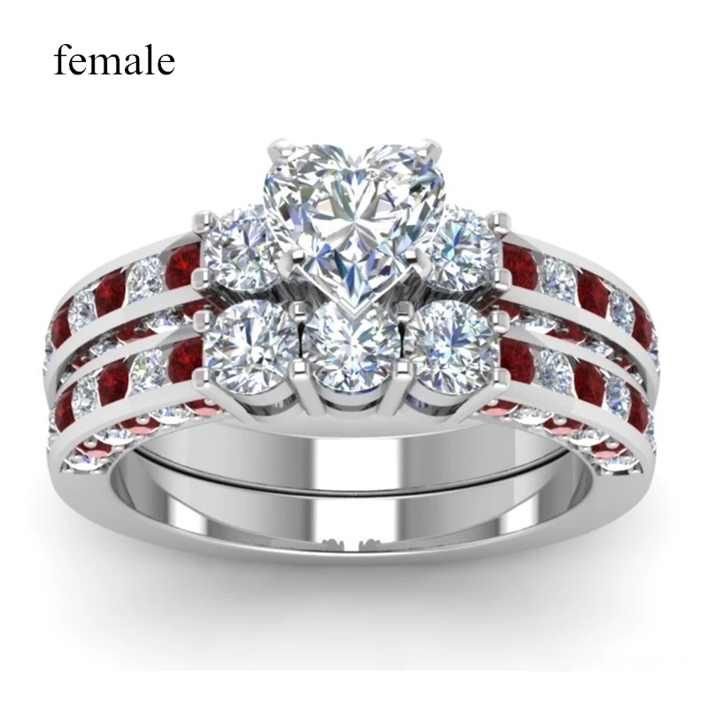Divat Pár Gyűrűk Nők Szíve Fehér Piros Kristály CZ Gyűrű Szett, Vörös Fa Betét nemesacél Férfi Gyűrű jegygyűrű Ékszer Kép 2