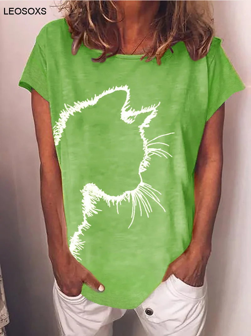 Női Nyári 2021 T-Shirt Harajuku Macska Fejét a Nyomtatás Alkalmi Laza Kerek Nyakú, Rövid Ujjú Összes mérkőzés Póló Kép 2