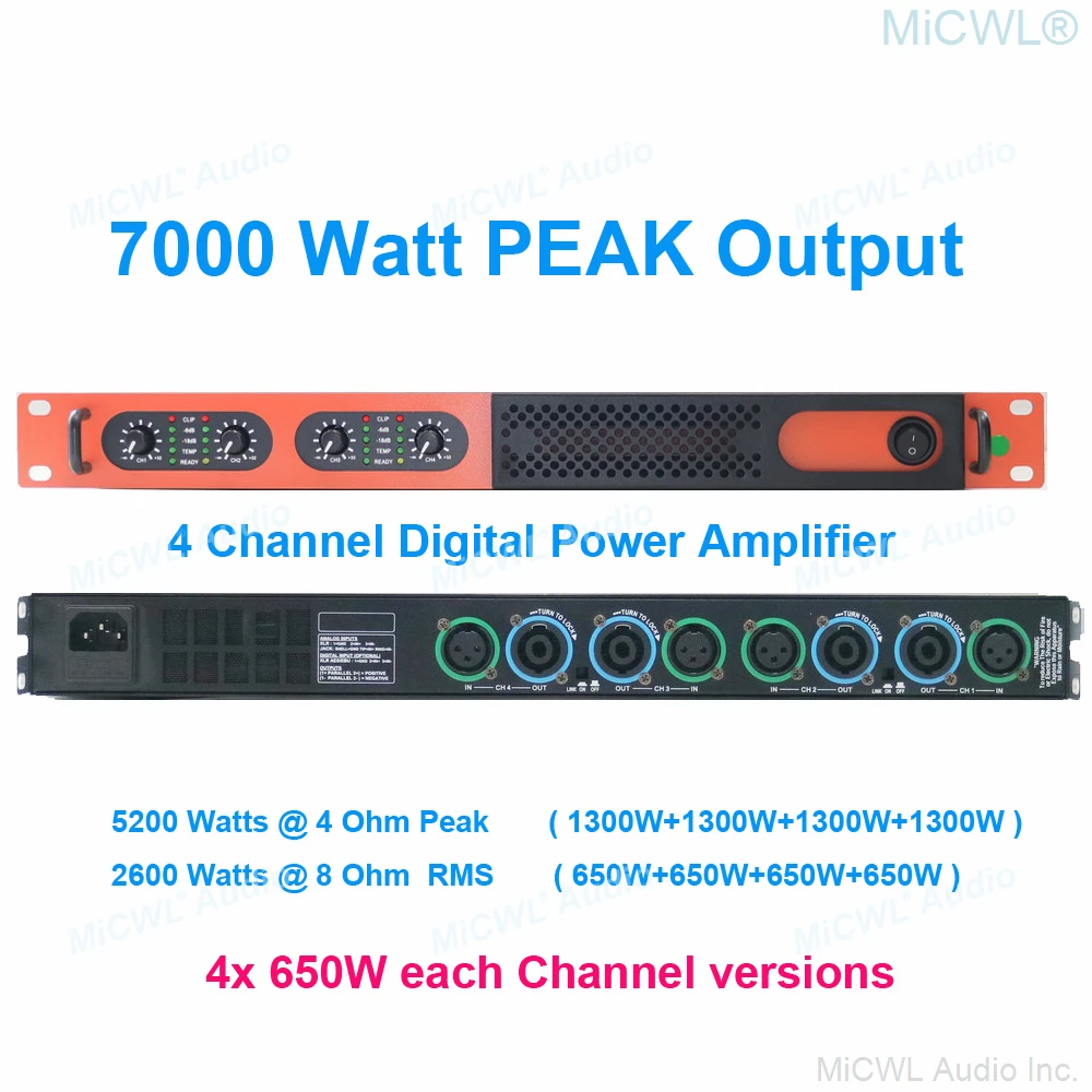 MiCWL 6400W Digitális Erősítő 4 Csatornás 5200 W 2 hálózati Változatok Hangszóró PreAMPs AMP Kék Narancs Kép 2