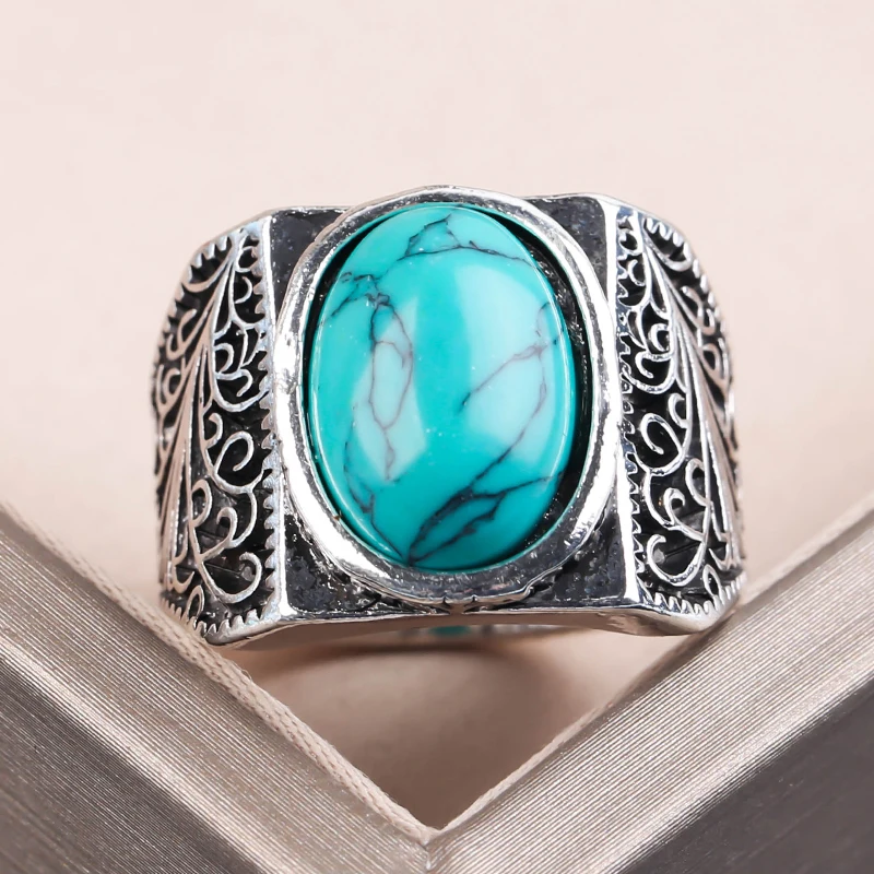 Régi Ezüst Színű Ovális Turquoises Gyűrű Antik Hallow ki Hullám Gyűrűk Nők Gótikus Partira Évforduló Retro Ékszer Ajándék Kép 2