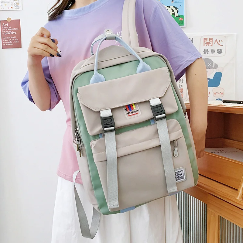 Többfunkciós kontraszt színű hátizsák, női Főiskolai stílus nagy kapacitású laptop táska Diáklány egy-vállon hordozható táska Kép 2