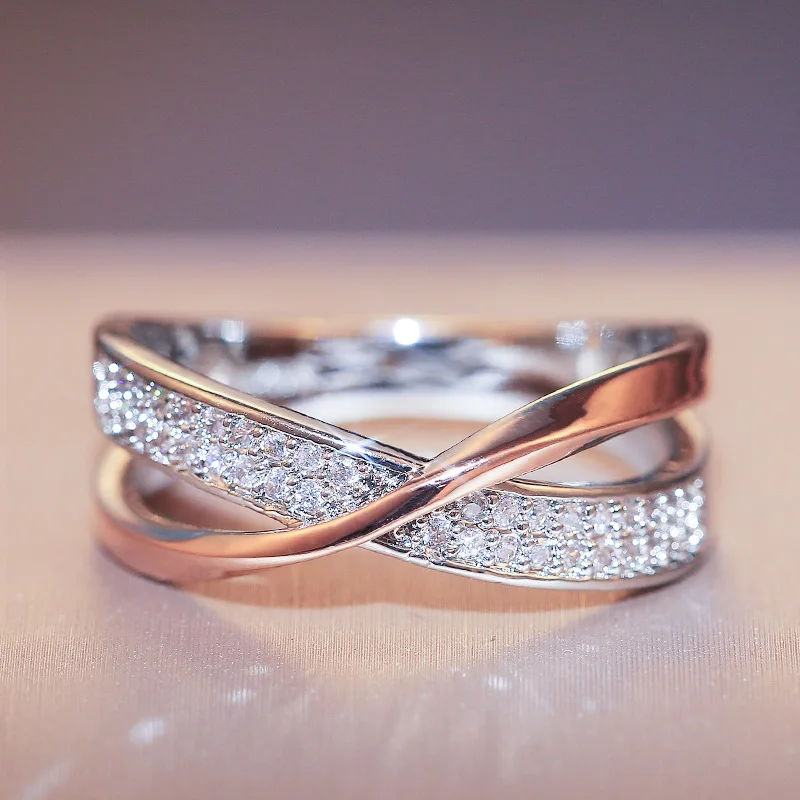 Huitan Legújabb Friss, Két tónusú X Alakú Kereszt Gyűrű Női Trendi Esküvői Ékszerek Káprázatos CZ Kő Nagy Modern Gyűrűk Anillos Kép 2