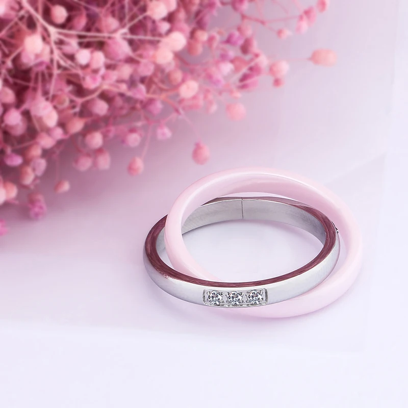 Új Rozsdamentes Acél Kerámia Rózsaszín Kerek Cirkon Gyűrű A Nők Lány Esküvői Divat Ékszer Eljegyzési Ígérem, Dupla Ujj Gyűrű Kép 2