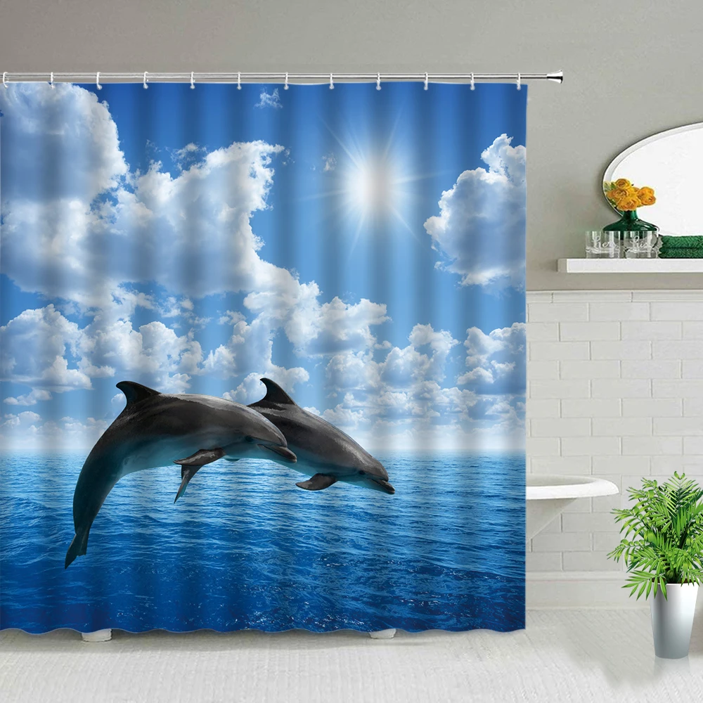 Romantikus Pár Delfin Zuhanyzó Függöny, Cuki Óceán Állat Trópusi Hal Gyerekek Fürdőszoba Decor Vízálló ruha Függöny Szett Kép 2