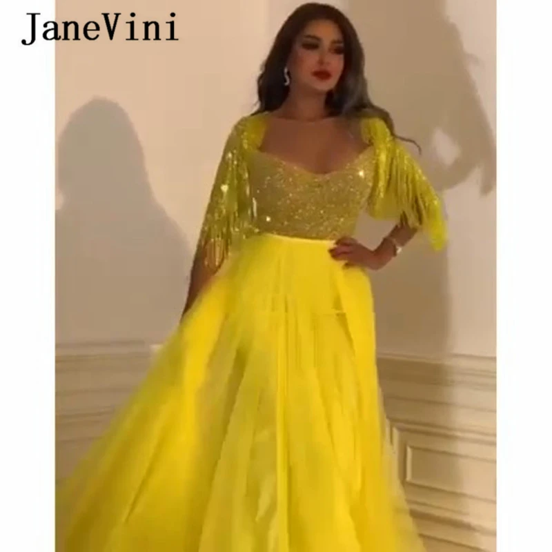 JaneVini 2020 Luxus Gyöngyfűzés Tassel Dubai Sárga Hosszú Prom Ruha Egy Sort A Fél Ujja Csillogó Flitterekkel Tulle Gála Ruha A Plus Size Kép 2