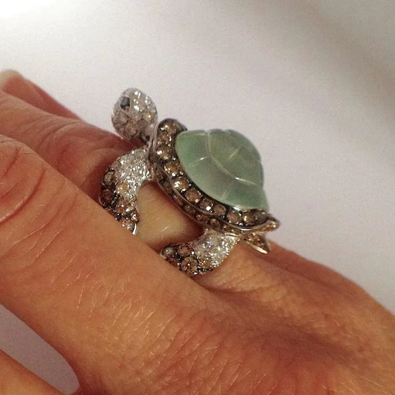 Divat Aranyos Teknős Gyűrűk Nők Lány Glamour Ékszerek, Ajándékok Mászni Állat Zöld Teknős Páncélja Strasszos Gyűrű Kép 2