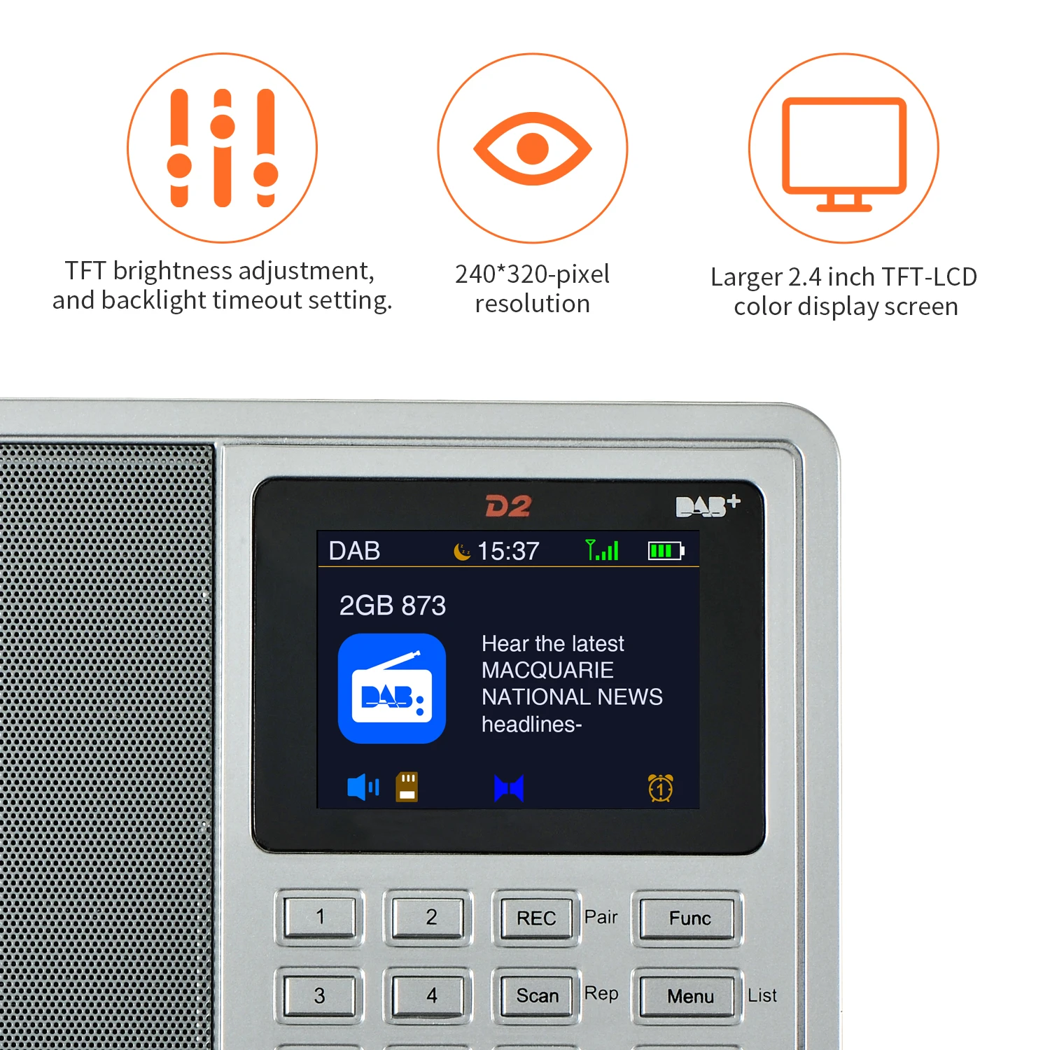 GTMEDIA D2 Hordozható DAB Rádió Digitális FM Rádió, Bluetooth, Sztereó Hangszóró, MP3 Felvétel Fülhallgató USB Újratölthető Ébresztőóra Kép 2
