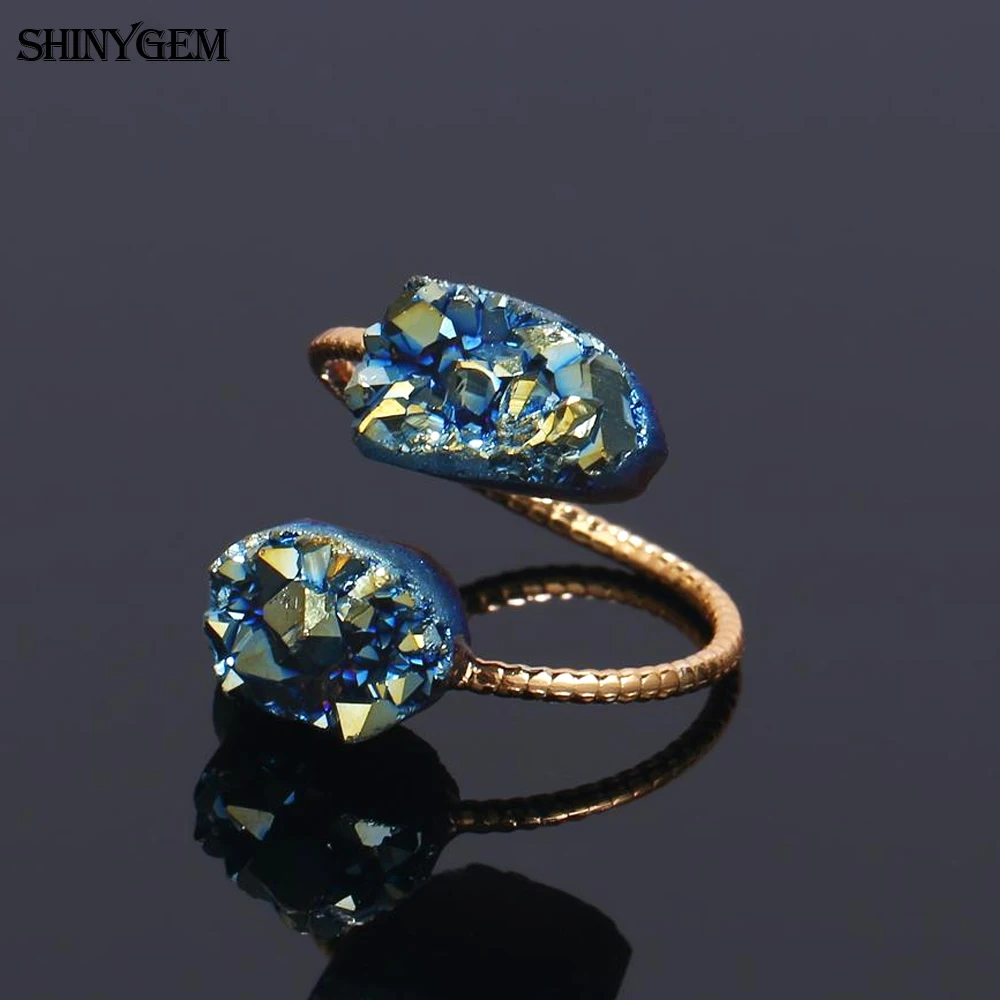 ShinyGem Vintage Természetes Szabálytalan Csillogó Dupla Druzy Kő Gyűrű, Arany Bevonat, Állítható Sizs A Nők Nagykereskedelmi Ékszerek 5db Kép 2