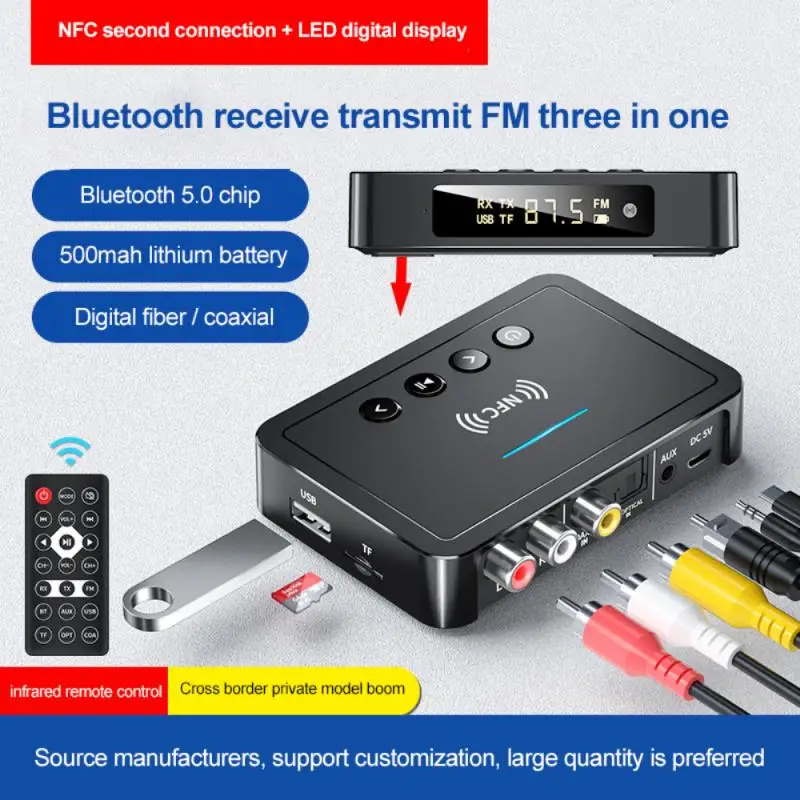 A Bluetooth-kompatibilis 5.0 Vevő Adó FM Sztereó AUX 3,5 mm-es Jack RCA Optikai Vezeték nélküli Kihangosító Hívás NFC Audio Adapter TV Kép 2